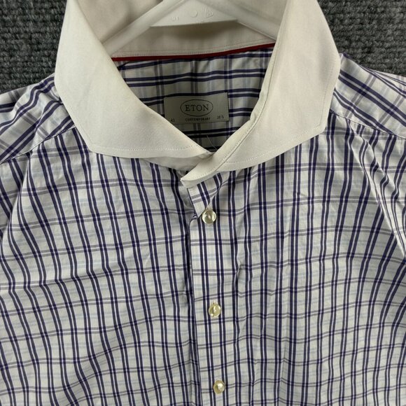 Eton 16.5 Long Sleeve Button Up Contrast Collar Preppy Purple Blue Plaid Cutaway - Picture 1 of 16